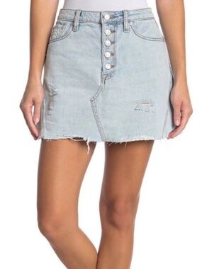 Light Wash Denim Mini Skirt - Classic High-Rise Button Front